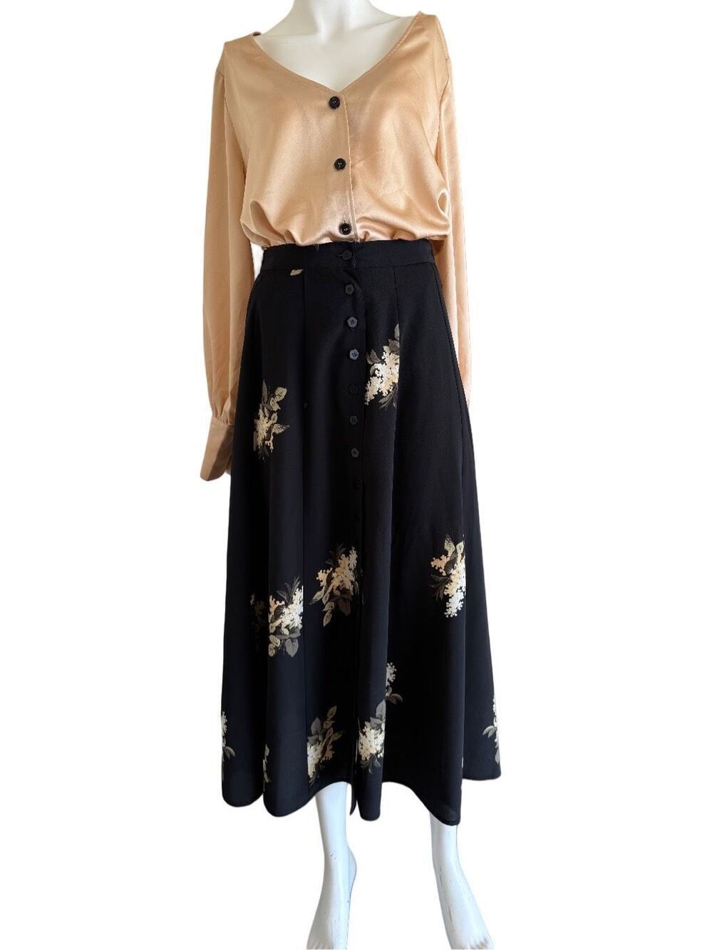 Rafaella 8 women’s high waisted maxi skirt black cream floral button up A-line r